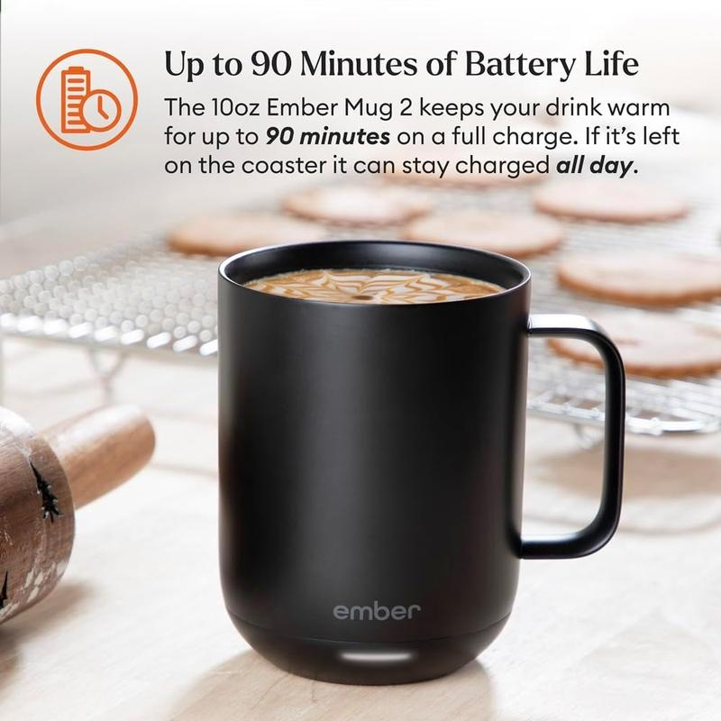 Ember Temperature Control Smart Mug 2, 10 Oz, App-Controlled Heated Mug with 80 Min Battery Life, Black Ceramic Cup for Coffee, Washable & Reusable